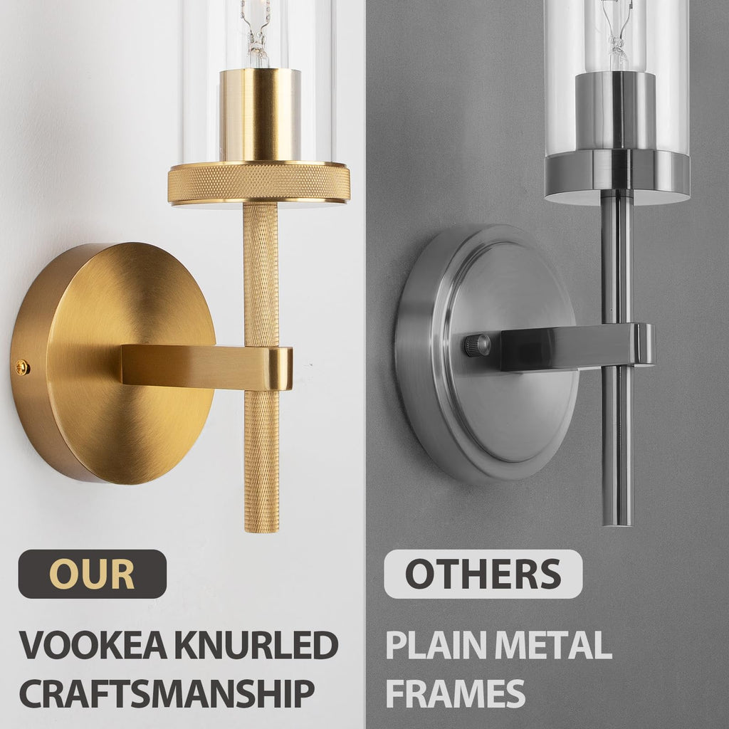 Micstar 15" Knurled Gold Hardwired Wall Sconces Set of 2, Bathroom Vanity Light Fixtures with Clear Glass Tube, Modern Lamp Lighting for Bedroom, Living Room, Hallway, Staircase, Mirror, Kitchen