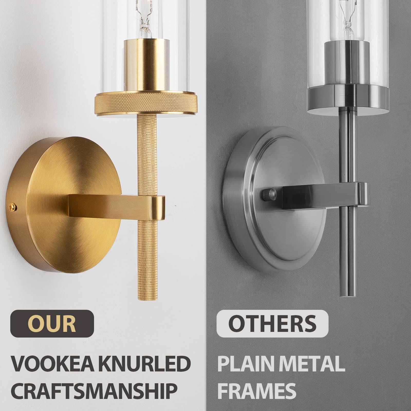 Micstar 15" Knurled Gold Hardwired Wall Sconces Set of 2, Bathroom Vanity Light Fixtures with Clear Glass Tube, Modern Lamp Lighting for Bedroom, Living Room, Hallway, Staircase, Mirror, Kitchen