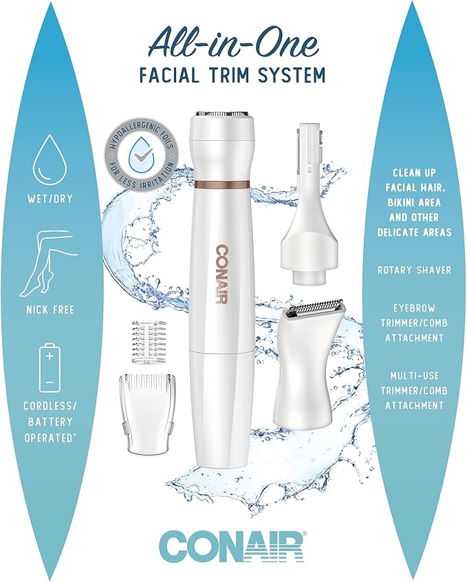 Conair All-In-1 Facial Hair Removal for Women, Cordless Electric Trimmer, Perfect for Face, Ear/Nose, Eyebrows, and Bikini Lines