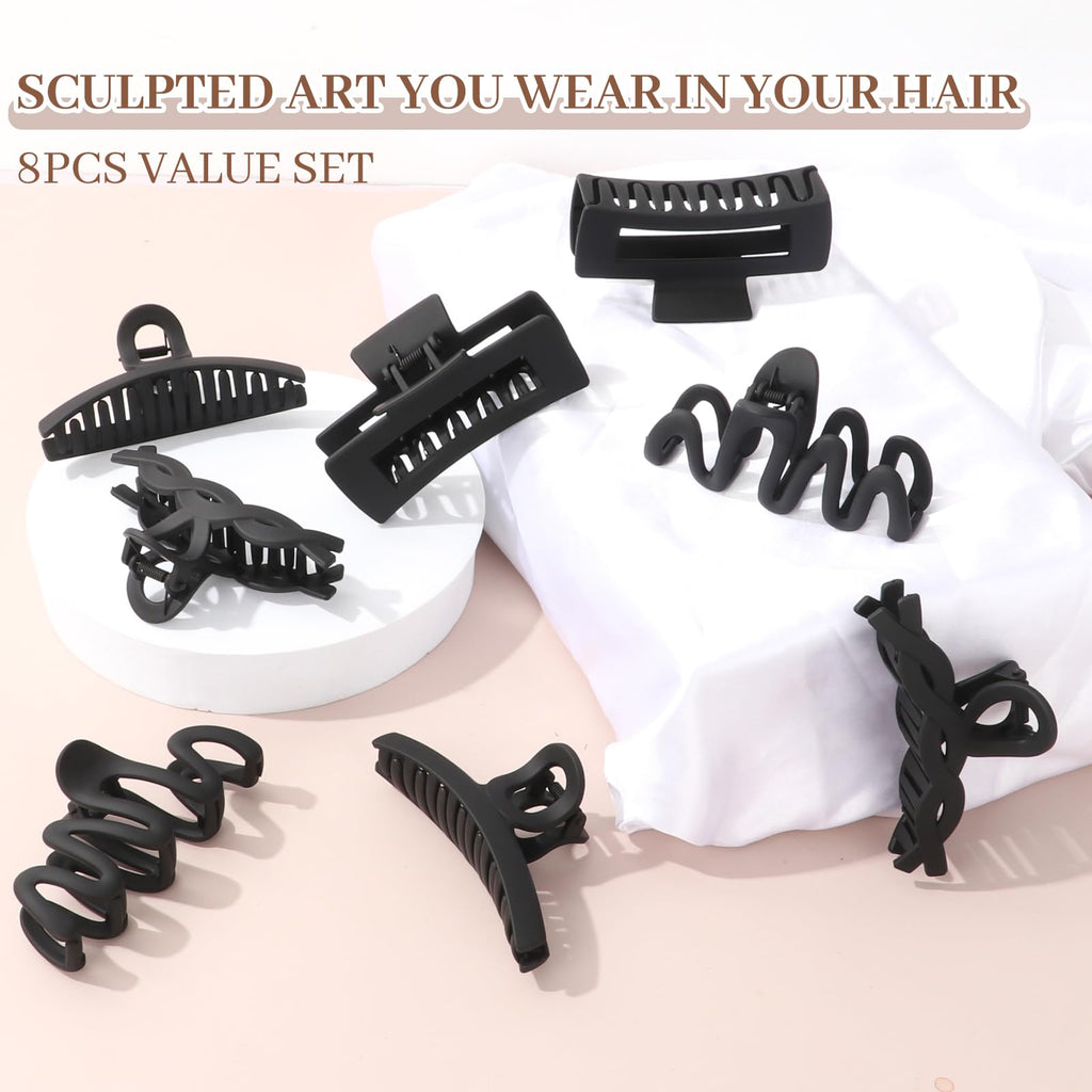 Matte Non-Slip Large Hair Clips for Women 8PCS (All Black)