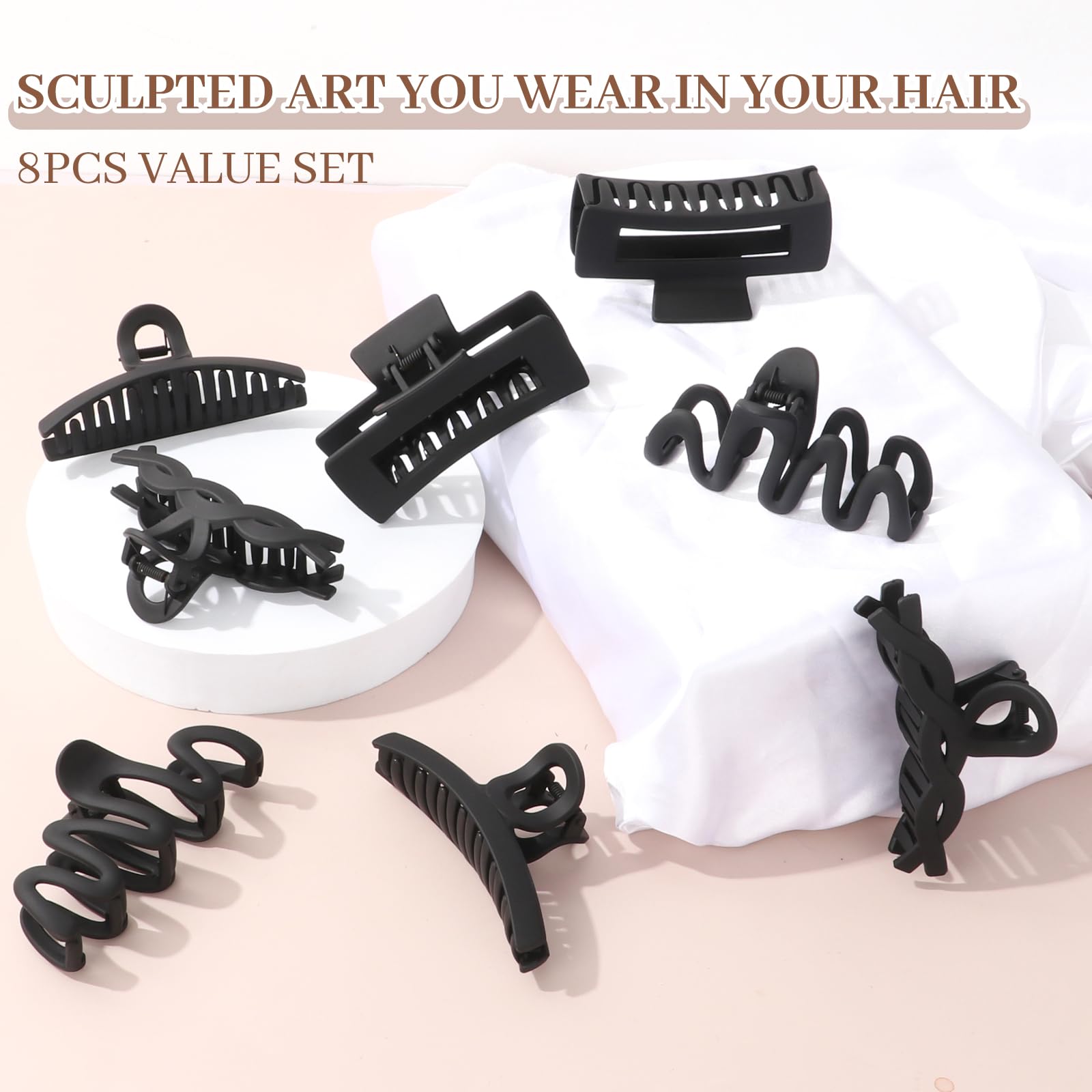 Matte Non-Slip Large Hair Clips for Women 8PCS (All Black)