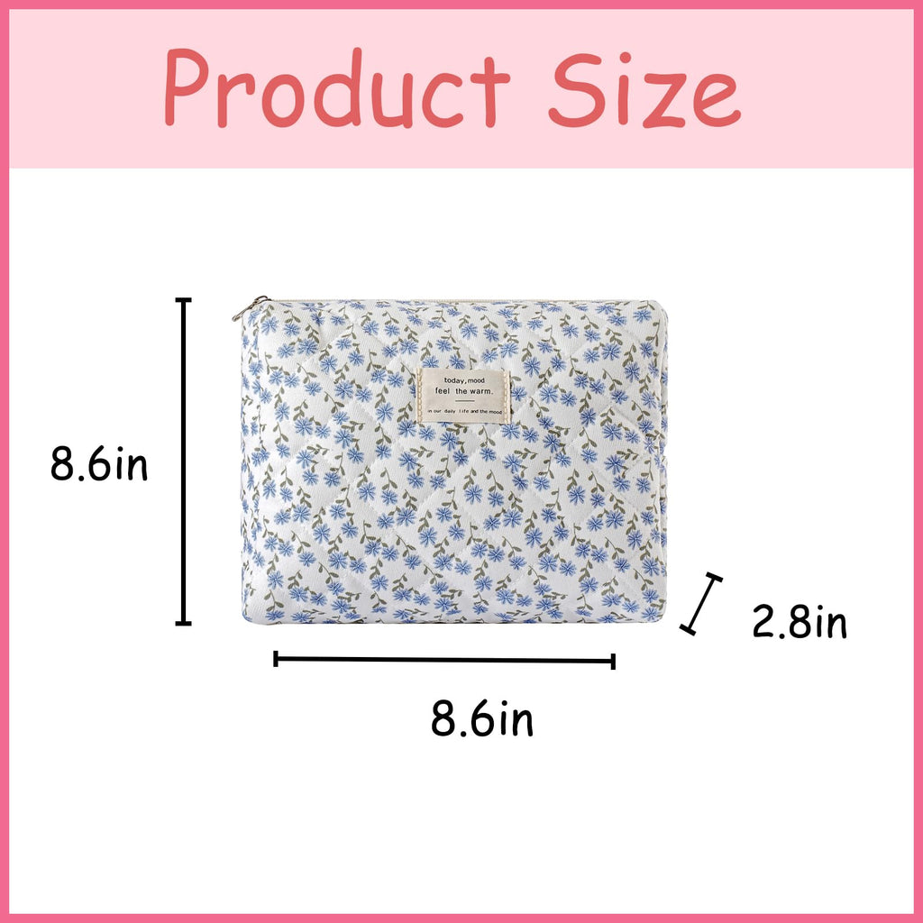 uekeboag Quilted Cotton Makeup Bag,Coquette Quilted Toiletry Bag for Women and Girls,Floral Coquette Pouch,Cute Kawaii Travel Cosmetic Bags(Dark Blue Flower)