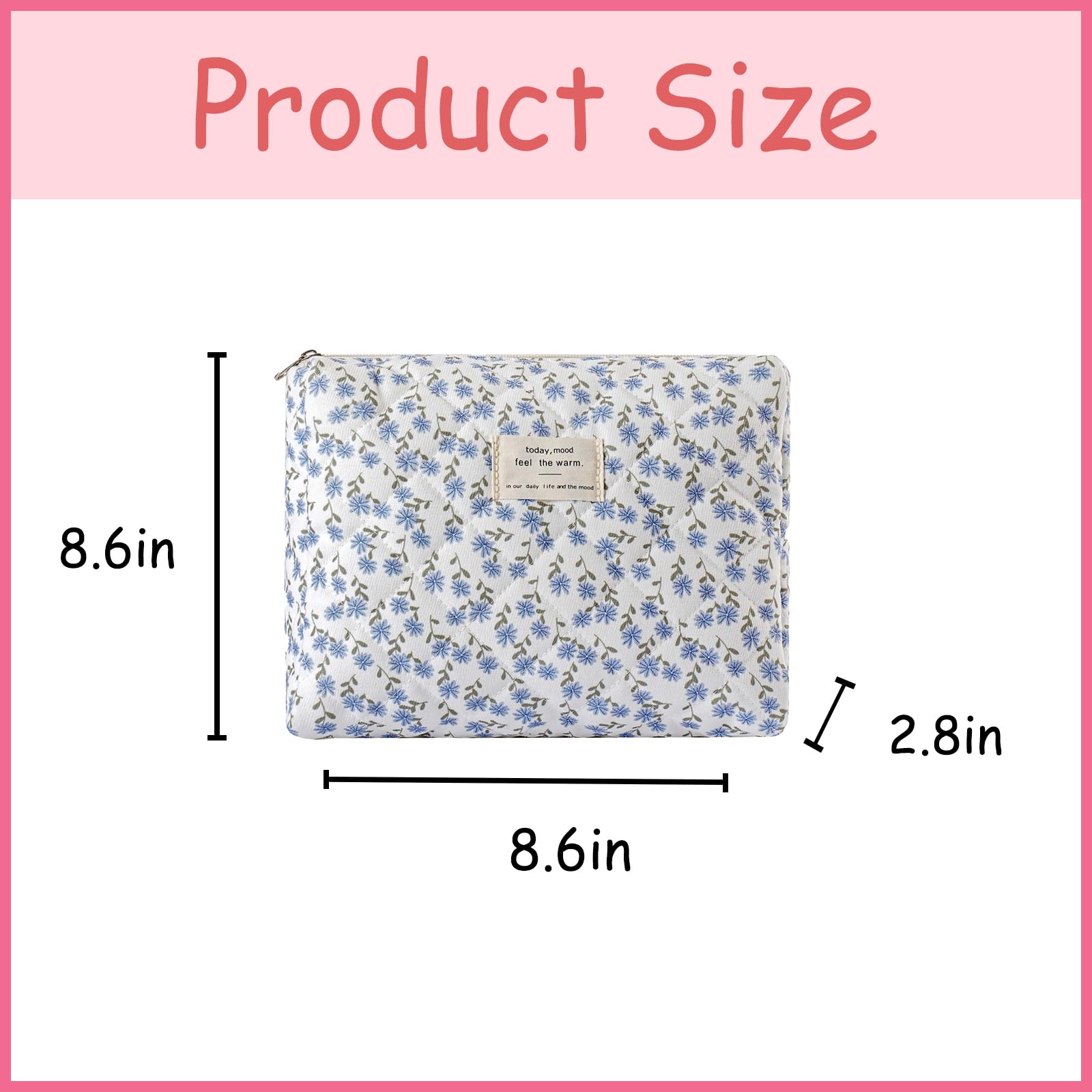 uekeboag Quilted Cotton Makeup Bag,Coquette Quilted Toiletry Bag for Women and Girls,Floral Coquette Pouch,Cute Kawaii Travel Cosmetic Bags(Dark Blue Flower)
