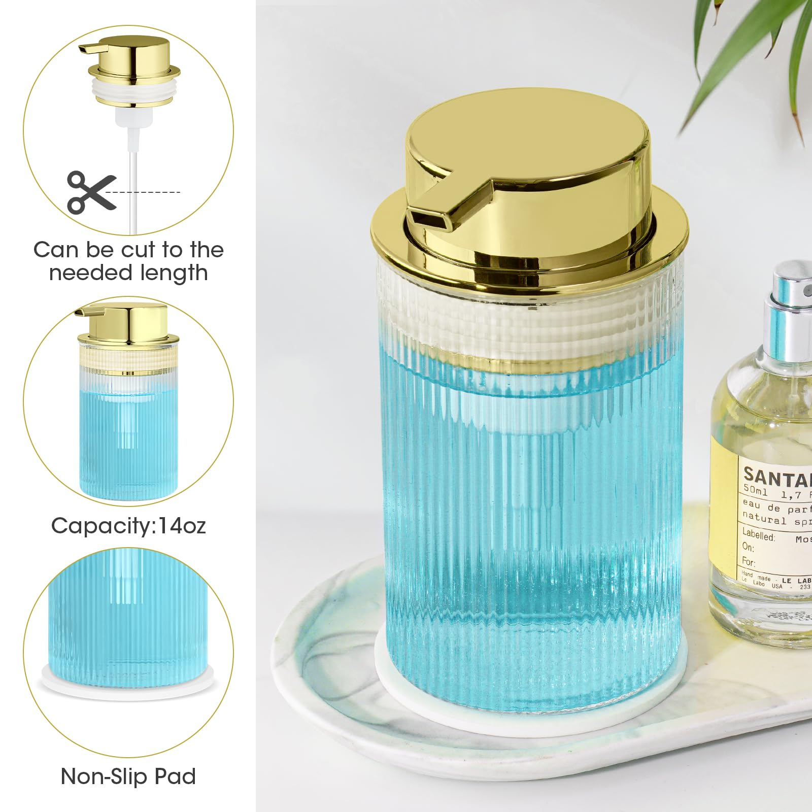 NiHome 14oz Multifunctional Glass Foaming Hand Soap Dispenser with Elegant Stripe Pattern, High-Capacity Easy to Refill for Home & Commercial Use, Advanced Foam Pump & Non-Slip Base (Gold)