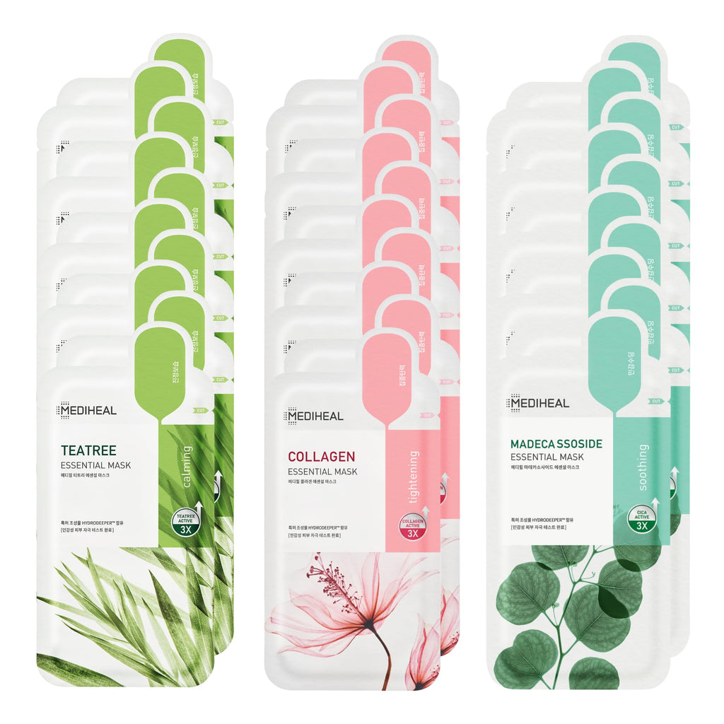 Mediheal Sheet Mask Essential HERO 30 Pack (Collagen, Tea Tree, Madecassoside) | Korean Skincare Facial Sheet Mask Combo, Moisturizing, Soothing and for Blemishes