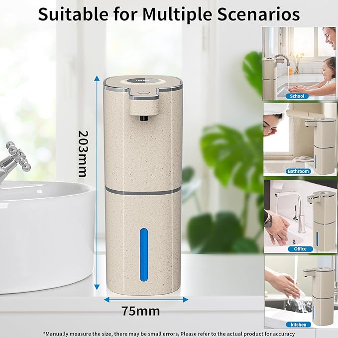 Automatic Foaming Soap Dispenser, Touchless Rechargeable Hand Soap Dispenser, 4 Adjustable Levels, 1200mAh Battery, Large Display, for Kitchen & Bathroom (Light Khaki, Foaming)