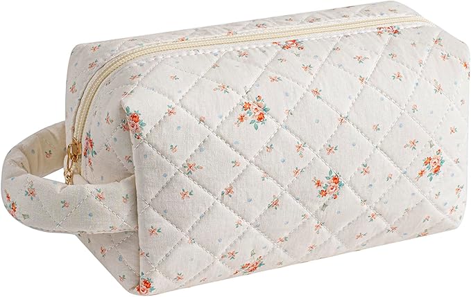 HHQQWZ Makeup Bag Travel Cosmetic Bag for Women, Zipper Make Up Pouch, Floral Flowers Toiletry Organizer Makeup with Handle, Cosmetic Travel Cloth Bag (Beige Floral)