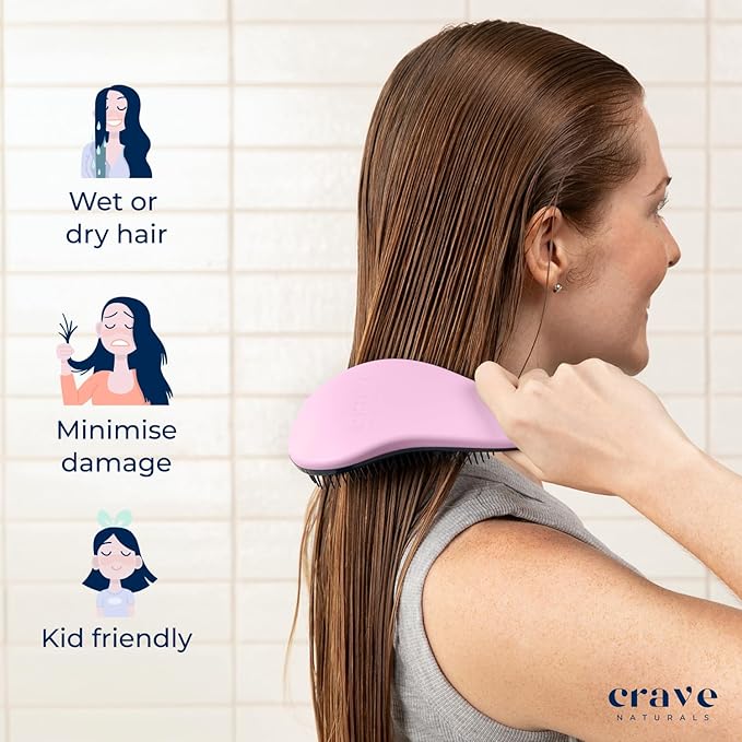 Crave Naturals Glide Thru Detangling Brush For Natural, Curly, Straight, Wet or Dry Hair - Gentle Detangler Brush Styling Tool for Adults, Kids, Toddlers and Little Girls - 8.4x3.4", Pink