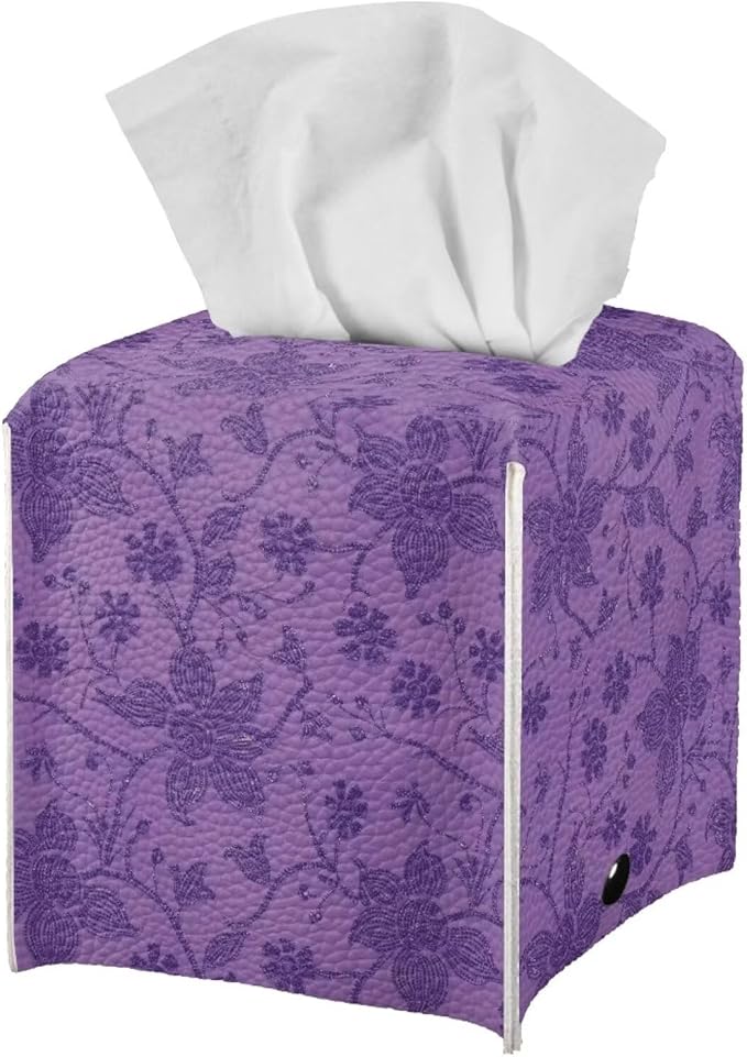 Purple Flowers Tissue Box Case PU Leather Square Modern Asthetic Tissue Box Cover with Metal Button Waterproof Napkin Organizer for Home Office Car Bathroom Decor
