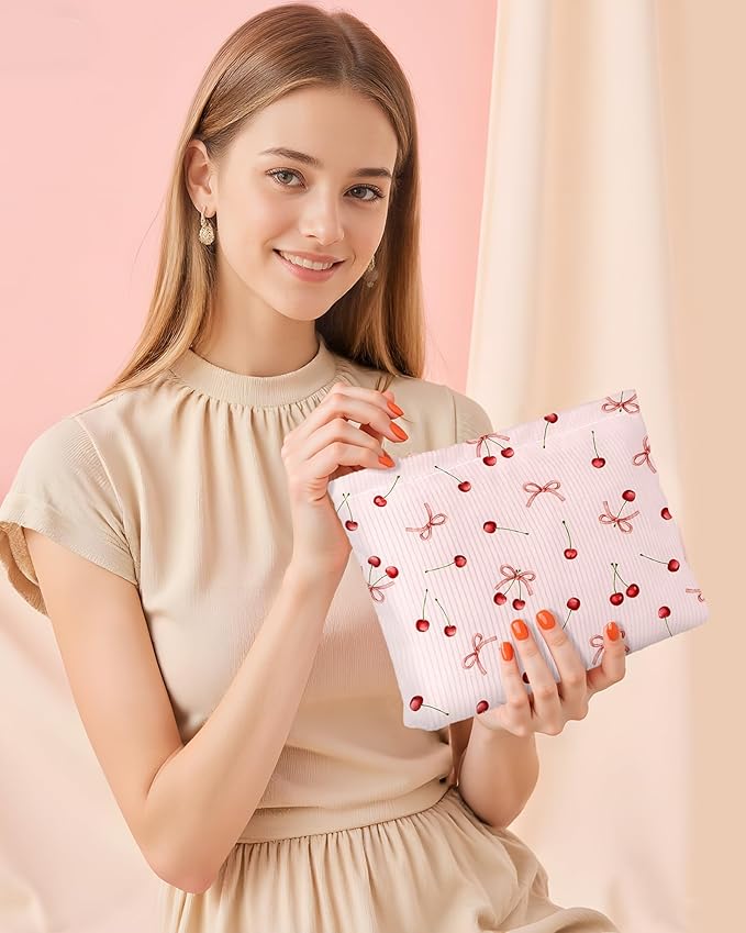 Ksriylm Cute Bow Cherries Makeup Pouch for Women Small Make Up Bag for Purse Zipper Initial Makeup Cosmetic Bags Pouches for Purse Aesthetic Travel Toiletry Bags,Red Pink Cherry