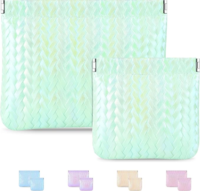MXXUUOOM 2 Pack Small Makeup Bag for Purse Leather Cosmetic Pouch Organizer, Snap Closure Holographic Woven Makeup Bag, Mini Lipstick Coin Pouch, Travel Makeup Organizer for Women green