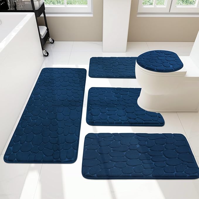 YIHOUSE Bathroom Rugs Mat Set, Memory Foam Bath Mat 5 Piece Navy Blue