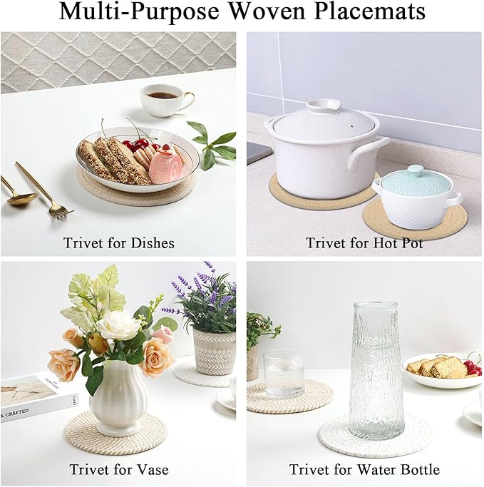 SHACOS 8 Inches Trivets for Hot Dishes, Pot Holders for Hot Pots and Pans, Handmade Cotton Woven Trivets Set, Heat-Resistant Hot Pads Plate Mats for Kitchen Countertops, Table Decor (Khaki, 4pcs)