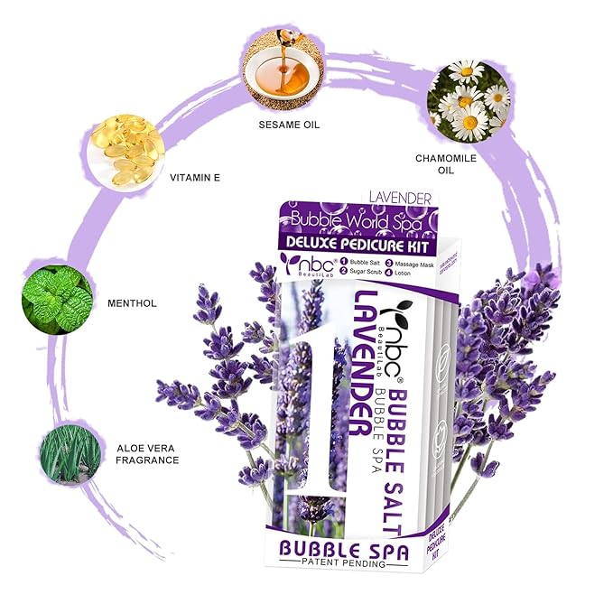 nbc BeautiLab Pedicure Kit Foot Soak Set: Bubble Salt, Sugar Scrub, Massage Mask, Massage Lotion in a Box, 4 Step Foot Spa Kit for Dry Feet, Softens Calluses, Tired Feet（3 Set Lavender)