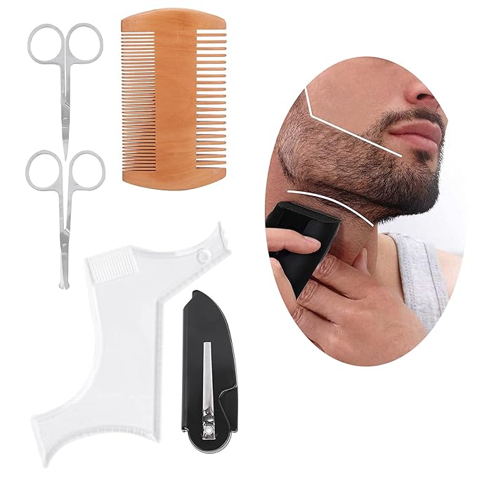 Beard Shaping Tool, Professional Beard Grooming Styling Set with Transparent Template Comb and Stainless Steel Scissors for Men Facial Hair Care