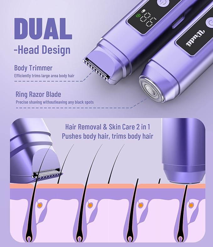 Bikini Trimmer for Women: Electric Razor & Shaver with Dual Heads for Body Pubic Hair, IPX7 Waterproof with LED Display - Rechargeable Lady Trimmer for Bikini - Lake Blue