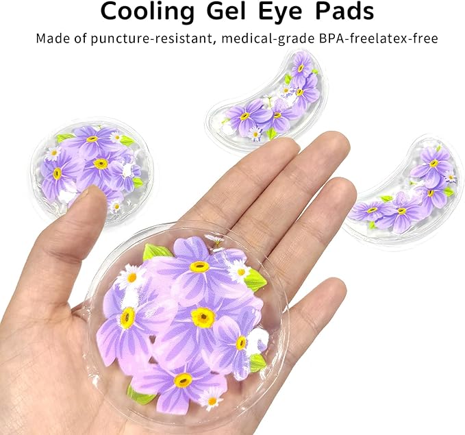 4PCS Gel Eye Ice Pack Set, Cold & Hot Compress, Reusable Cooling Gel Pads for Strain Relief, Swelling, Dark Circles, Redness, Puffy Eyes, Surgery Recovery(4 Purple flowers)