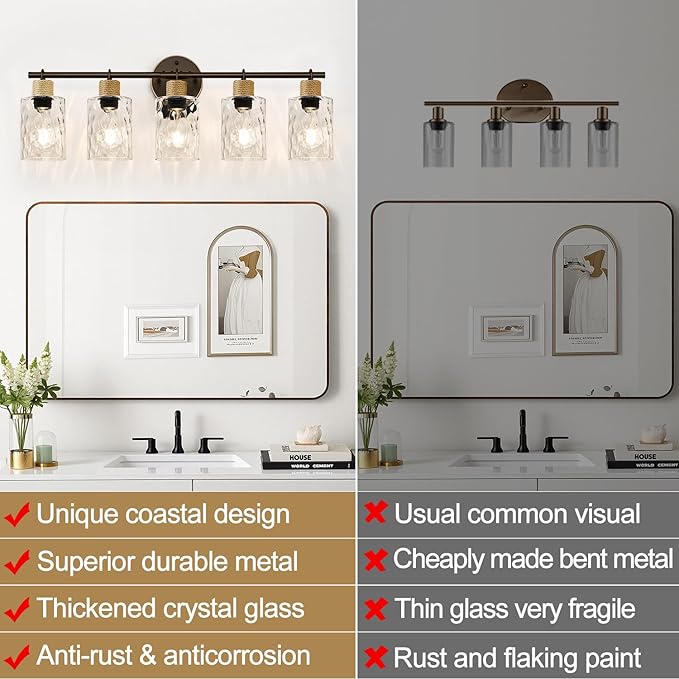Bathroom Light Fixtures, 5-Light Coastal Vanity Lights with Crystal Glass Shade, Oil-Rubbed Bronze Bathroom Wall Lamp for Mirror Kitchen Hallway Cabinet
