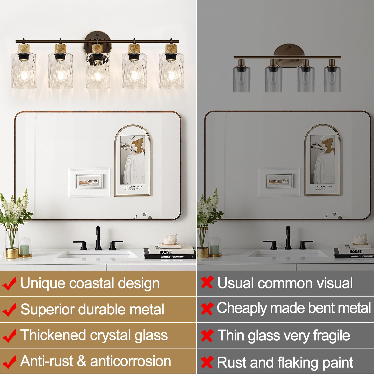 MOKATNG Bathroom Light Fixtures, 5-Light Coastal Vanity Lights with Crystal Glass Shade, Oil-Rubbed Bronze Bathroom Wall Lamp for Mirror Kitchen Hallway Cabinet