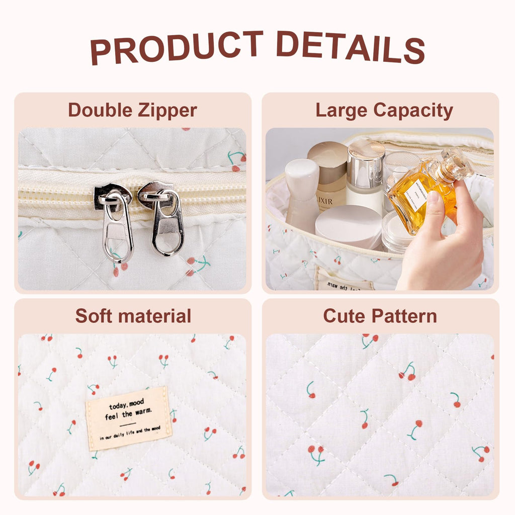 GISMTR 3Pcs Cotton Quilted Makeup Bag Large Travel Cosmetic Bag Coquette Makeup Pouch Cute Aesthetic Floral Toiletry Bag for Women Girls (cherry-B)