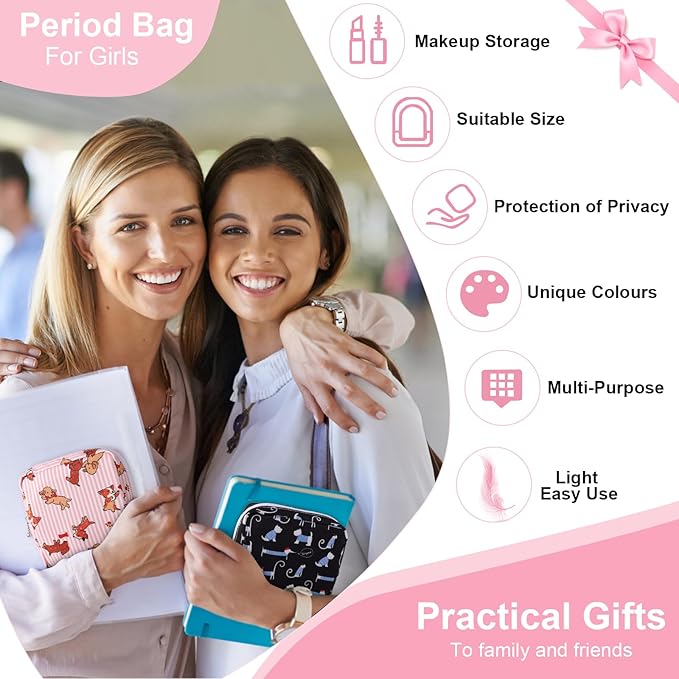 Desing Wish Sanitary Pad Storage Bag Portable Period Bag for Teen Pads/Sanitary Napkins/Small Tampons, Sanitary Napkin Storage Bag First Period Gifts for Teen Girls (Pink Striped Dog)
