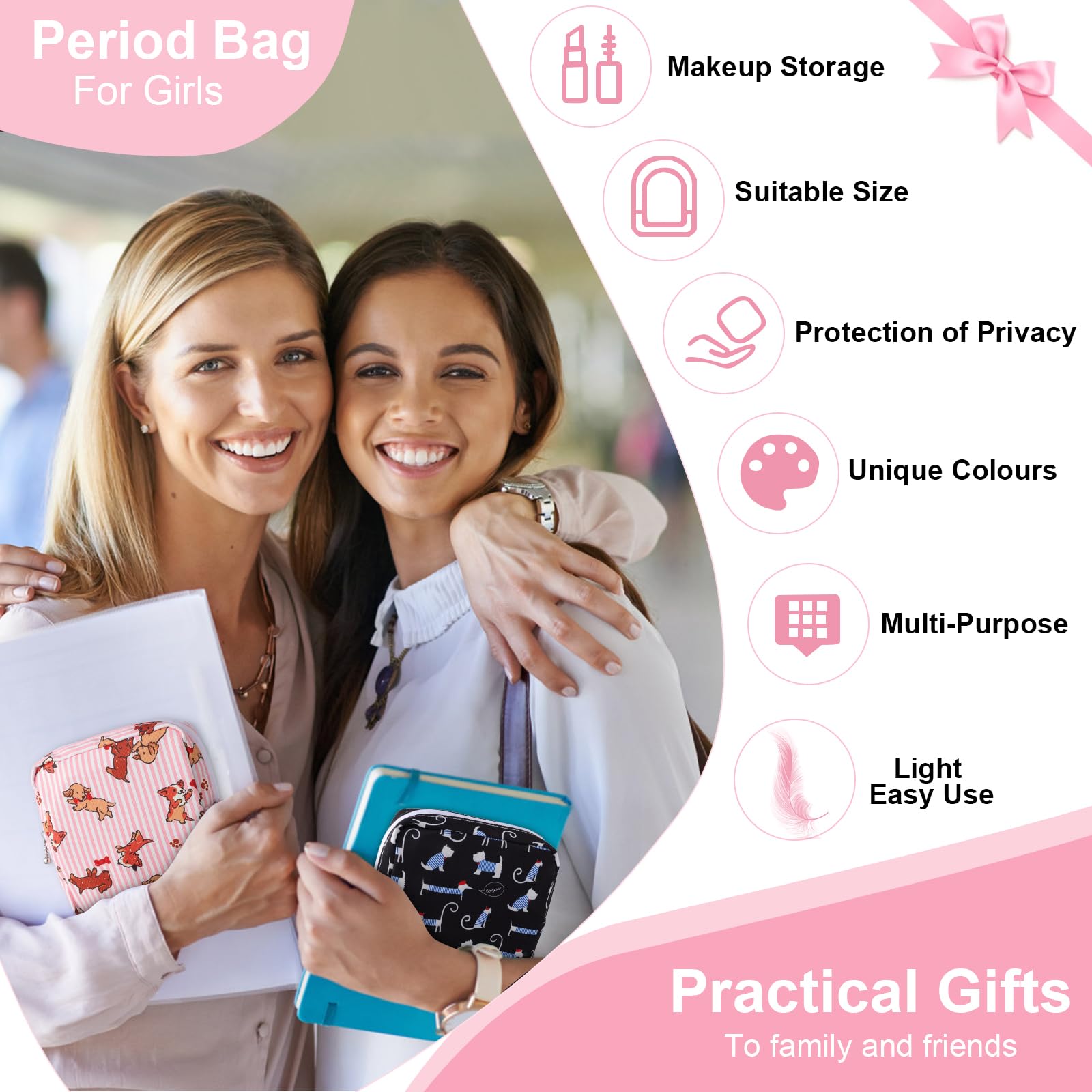 Desing Wish Sanitary Pad Storage Bag Portable Period Bag for Teen Pads/Sanitary Napkins/Small Tampons, Sanitary Napkin Storage Bag First Period Gifts for Teen Girls (Bowknot Dachshund)