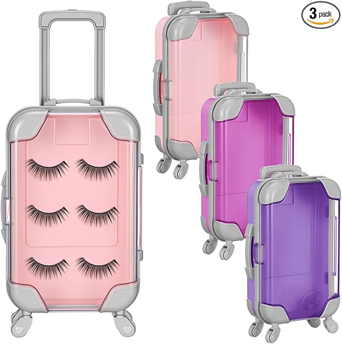 Honeydak 3 Pcs Mini Plastic Suitcase False Eyelashes Tray Luggage Trolley Candy Box Clear Suitcase Packaging Case Party Favor Box for Jewelry Cosmetic Hairpins Storage(Romantic,4.7 x 2.8 x 1.3 Inch)