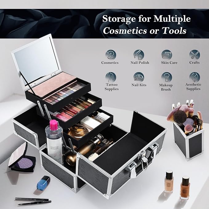 FRENESSA Makeup Train Case Makeup Box 11.8 Inch Large Makeup Case Organizer 3 Trays with Mirror Locking Cosmetic Storage Box for Cosmetics Nail Supplies Sewing Travel Case Black Floral