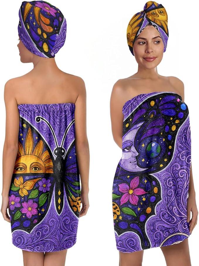 Women's Boho Butterfly Towel Wrap and Hair Drying Cap Set – Celestial Moon Sun Print Spa Wrap – Quick Dry Microfiber Bath Wrap for Dorm, Gift, Witchy Girls (Butterfly)