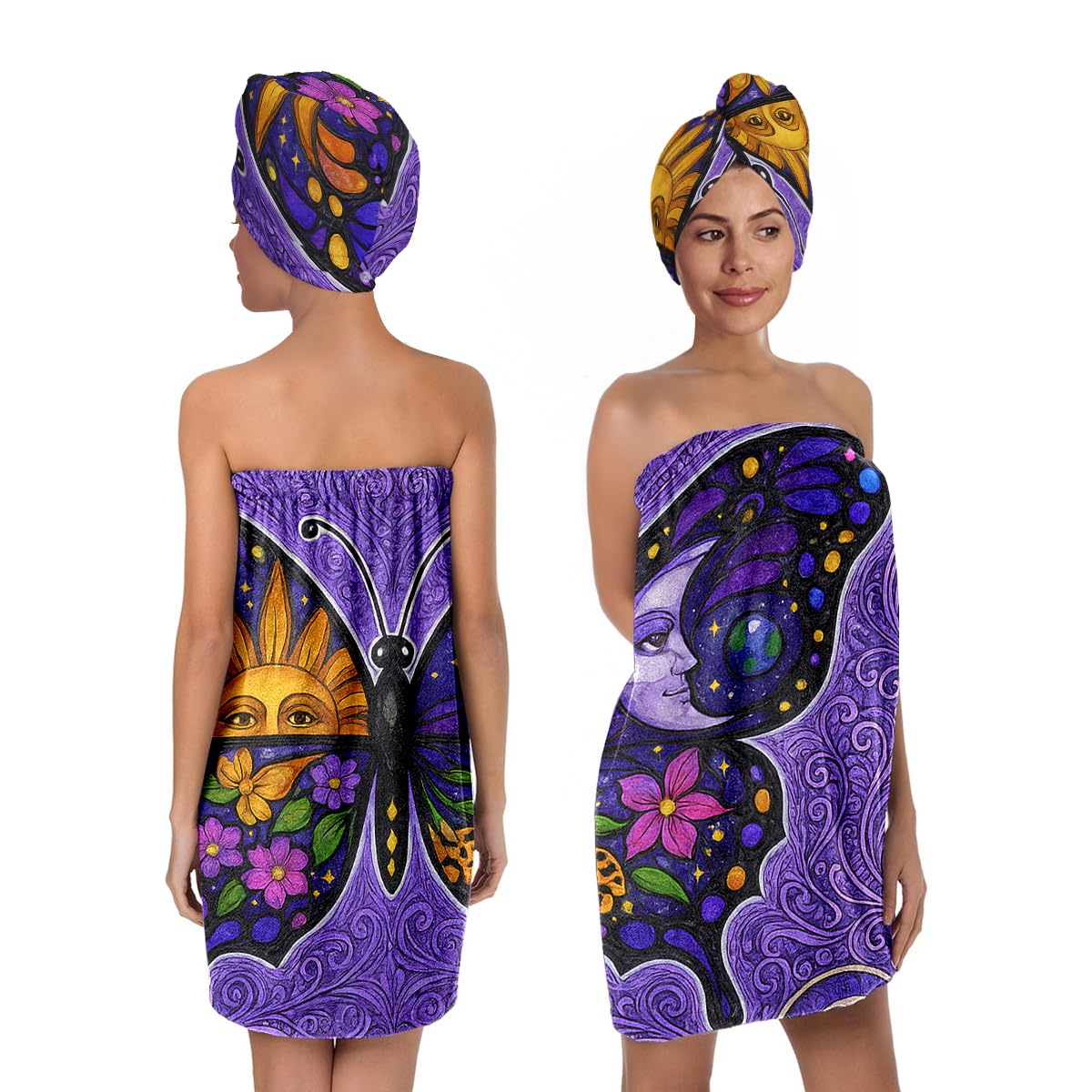 QIULIBMH Women's Boho Butterfly Towel Wrap and Hair Drying Cap Set – Celestial Moon Sun Print Spa Wrap – Quick Dry Microfiber Bath Wrap for Dorm, Gift, Witchy Girls (Butterfly)