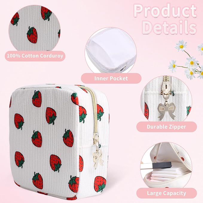Teircno Period Bag for Women, Portable Corduroy Sanitary Napkin Storage Bag Strawberry Period Pouch with Zipper, Sanitary Pads Bag Tampons Holder for Purse, First Period