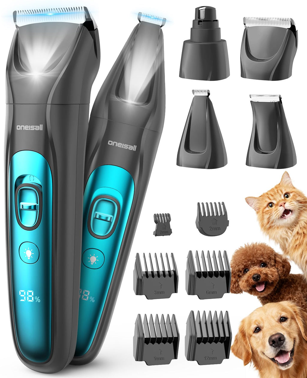 oneisall Professional 4-in-1 Dog Grooming Kit with LED Light
