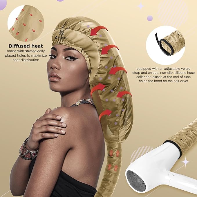 Bonnet Hair Dryer Attachment - Bonnet Hood Dryer with Headband That Reduces Heat Around Ears and Neck, Use for Hair Styling, Hair Drying, Curling and Deep Conditioning (Extended Version, Gold)