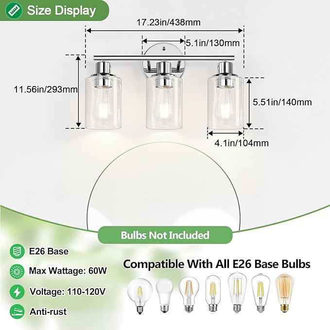 Zarbitta 3-Light Bathroom Light Fixtures, Chrome Bathroom Wall Light with Clear Glass Shade, Bathroom Wall Lamp for Mirror Kitchen Living Room Hallway Cabinet