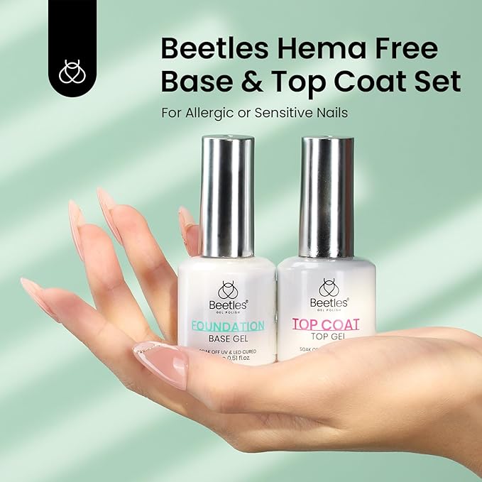 Beetles 2Pcs HEMA Free Base and Top Coat Set, No Wipe Glossy Finish, Upgraded Mild Formula, Long Lasting Soak Off Gel Nail Polish, No More Damaged Nails