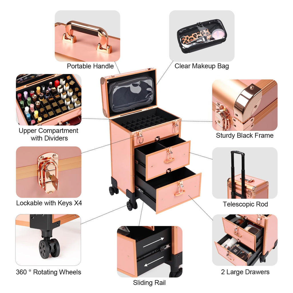 3 in 1 Rolling Makeup Case, Professional Cosmetology Case on Wheels, Detachable Clear Makeup Bag & Nail Polish Organizer, Portable Makeup Trolley with Drawers for Makeup Artists & Nail Technicians