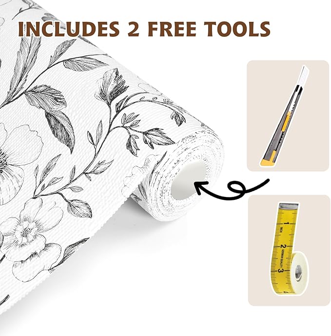 Drawer and Shelf Liner Black Flowers 12in x 20FT, Non Adhesive Anti-Slip Double Layer PVC Reusable Thickened Waterproof Easy Clean for Kitchen Cabinets Refrigerator with Knife Tape Measure