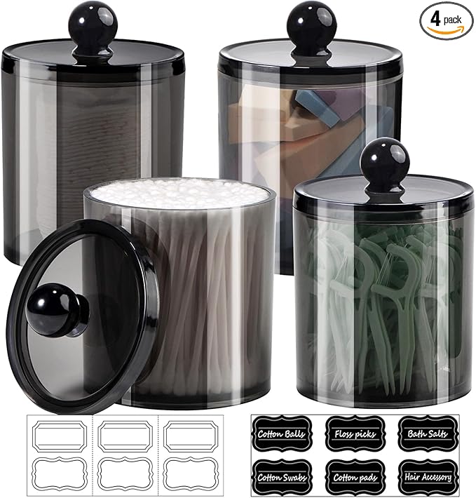 SheeChung Qtip Holder, Acrylic Apothecary Jars with Chalkboard Labels - Shatterproof Qtip Holder for Bathroom - Vanity Storage Canisters for Cotton Swabs,Balls,Floss Picks（4-Pack Black）
