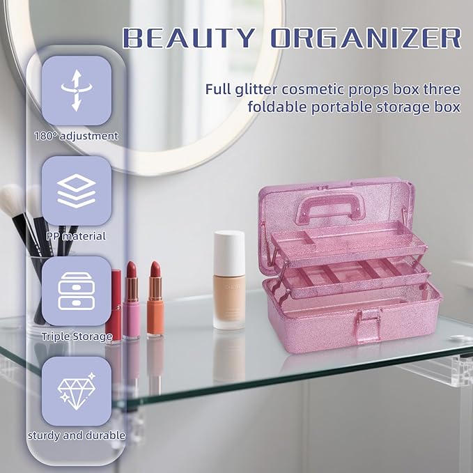 3-Tier Stackable Storage Organizer Box | Portable Multi-Use Tackle Box for Art Supplies, Makeup & Sewing Kits | Durable Design w/Adjustable Compartments (Pink&Red)