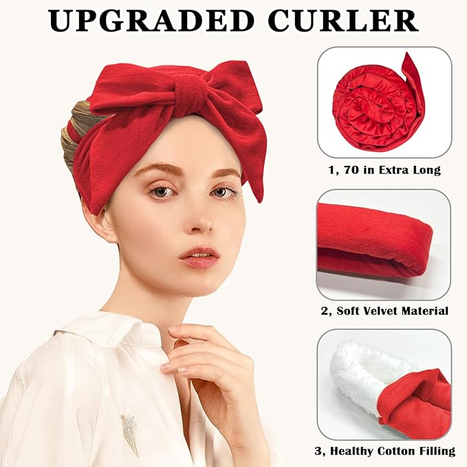 Gwabee Heatless Curls Overnight Hair Curlers to Sleep In, 9 PCS Velvet Heatless Hair Curler Overnight Curls for Women Long Medium Hair Volumes, Heatless Curling Waves Set with Sleep Bonnet - Red