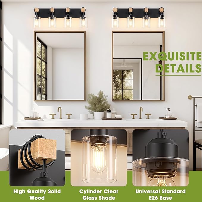 Licperron 4-Lights Farmhouse Vanity Lights for Bathroom, Matte Black Bathroom Light Fixtures with Clear Glass Shade, Rustic Wood Wall Lighting Fixtures Over Mirror for Bedroom, Living Room, Hallway