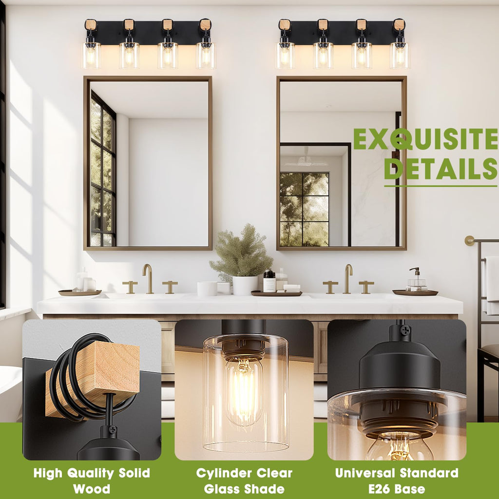 Licperron 4-Lights Farmhouse Vanity Lights for Bathroom, Matte Black Bathroom Light Fixtures with Clear Glass Shade, Rustic Wood Wall Lighting Fixtures Over Mirror for Bedroom, Living Room, Hallway