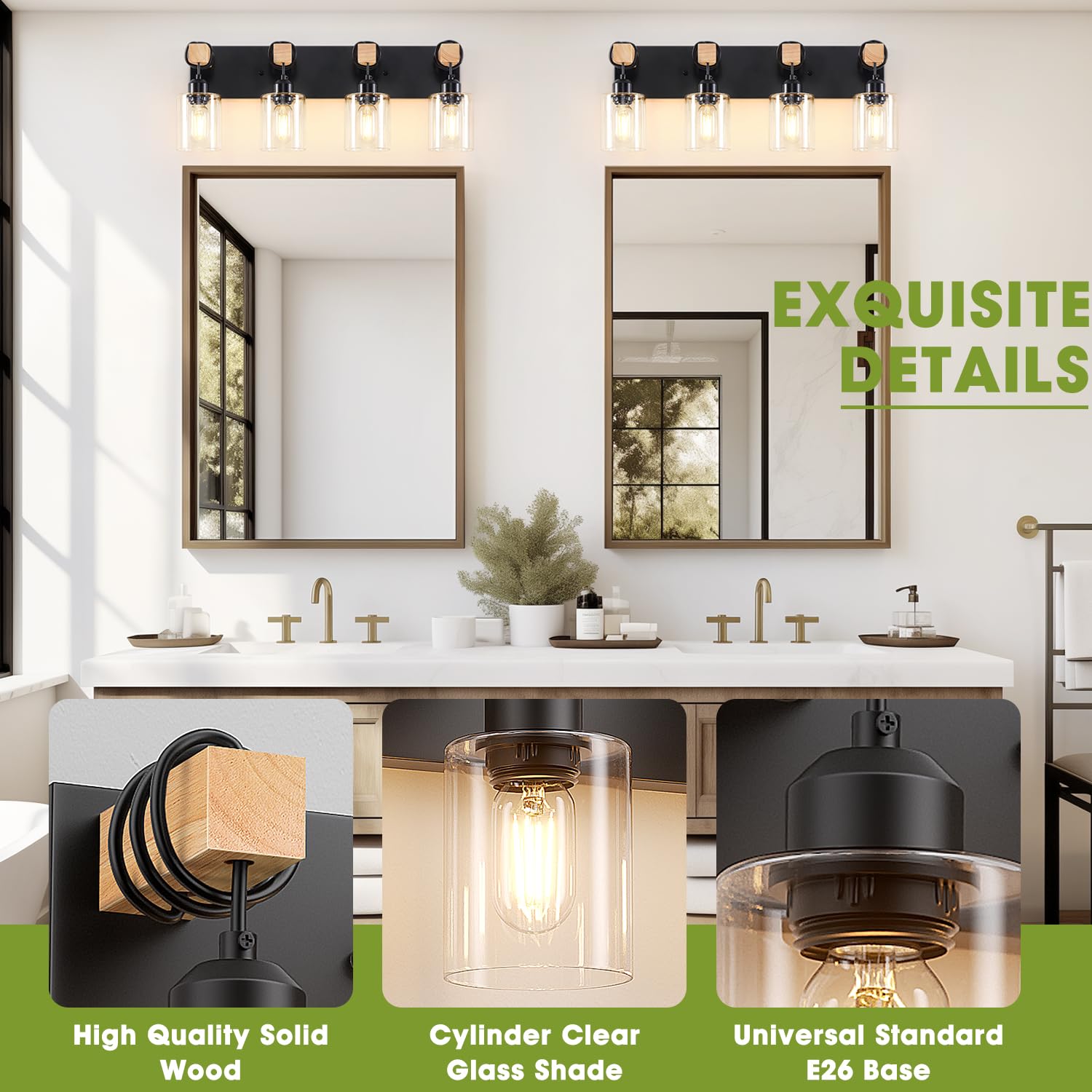 Licperron 4-Lights Farmhouse Vanity Lights for Bathroom, Matte Black Bathroom Light Fixtures with Clear Glass Shade, Rustic Wood Wall Lighting Fixtures Over Mirror for Bedroom, Living Room, Hallway