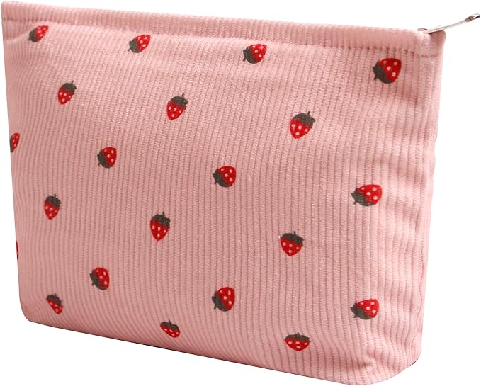 Gardsell Cosmetic Bags for Women - Corduroy Cosmetic Bag Aesthetic Women Handbags Purses Smile Dots Makeup Organizer Storage Makeup Bag Girls Case Bags (Flowers-Pink strawberry)