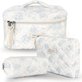 GISMTR 3Pcs Cotton Quilted Makeup Bag Large Travel Cosmetic Bag Coquette Makeup Pouch Cute Aesthetic Floral Toiletry Bag for Women Girls (flower-T)