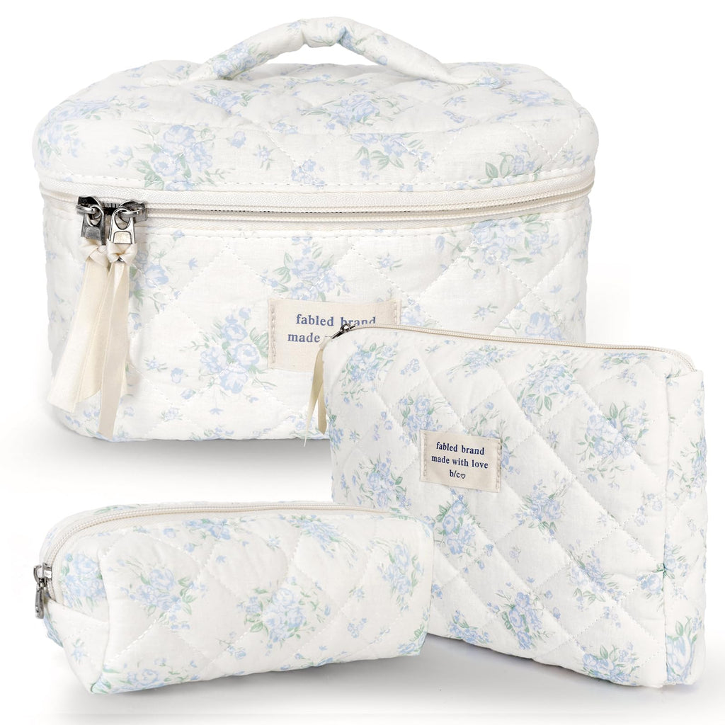 GISMTR 3Pcs Cotton Quilted Makeup Bag Large Travel Cosmetic Bag Coquette Makeup Pouch Cute Aesthetic Floral Toiletry Bag for Women Girls (flower-T)