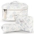 GISMTR 3Pcs Cotton Quilted Makeup Bag Large Travel Cosmetic Bag Coquette Makeup Pouch Cute Aesthetic Floral Toiletry Bag for Women Girls (flower-T)