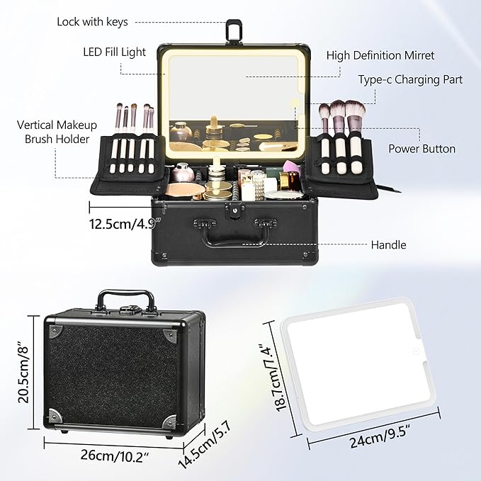 GALHUBIS Makeup Case with Lighted Mirror, Makeup Box Organizer with Detachable LED Mirror, Travel Makeup Train Case, Waterproof Cosmetic Organizer, Standing Makeup Brush Holder, Gift, Black
