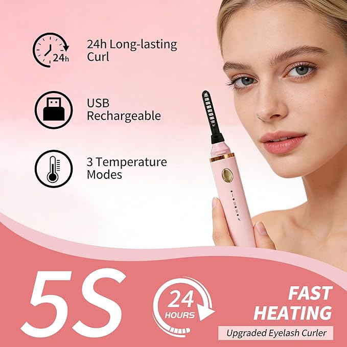 3 Interchangeable Brush Heads Rechargeable Heated Eyelash Curler 24-Hour Lasting curl 5-Second Rapid Heating 3 Temperature Settings Safety Anti-Scald Design (White)
