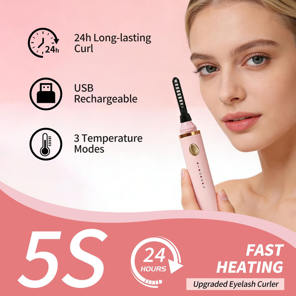 3 Interchangeable Brush Heads Rechargeable Heated Eyelash Curler 24-Hour Lasting curl 5-Second Rapid Heating 3 Temperature Settings Safety Anti-Scald Design (Pink)